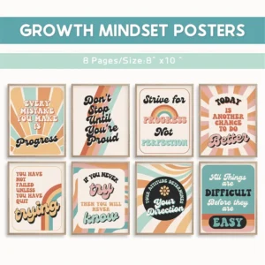 Groovy Retro Growth Mindset Prints and Positive Affirmation Wall Art, 8-Piece Set