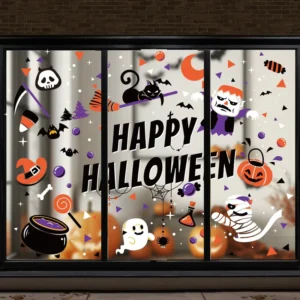 Halloween Static Window Clings Ghost Pumpkin Bat Witch Cauldron Patterns Reusable Stickers Home Shop Party Decoration
