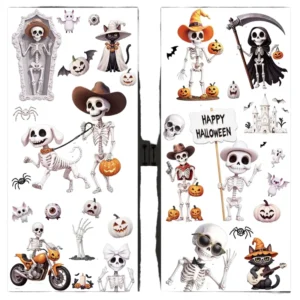 Halloween Window Stickers 9 Sheets Cute Witch Skeleton Ghost Patterns PVC Clings Party Decor
