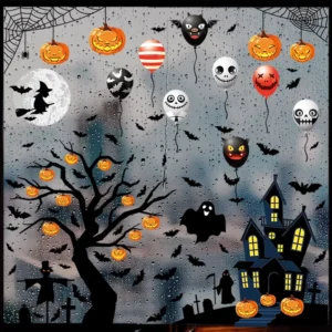 Halloween Window Stickers Witch Ghost Bat Glass Decals Haunted House Party Props Decor
