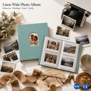 Handmade Linen Wide Photo Album with 60 PET-Page Pockets and Arched Window for Wide Instant Photos