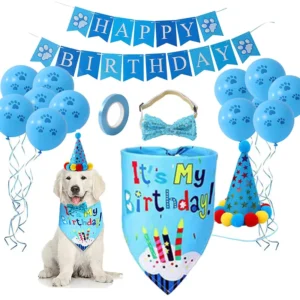 Happy Birthday Banner Balloons Pet Bandana Party Hat Bow Tie Photo Props Dog Birthday Party Decoration Set