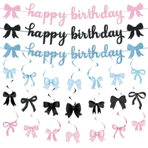 Happy Birthday Bow Banner and Swirl Garland Decor Set, Glitter Pink Black Blue