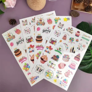 Happy Birthday Cake Pattern Decorative Stickers Waterproof PVC Vinyl Material Irregular Shape UV Varnished for Promotional Gifts