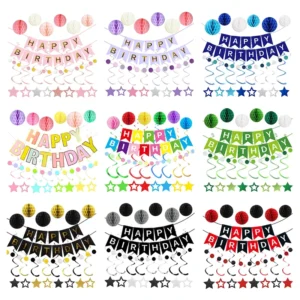 Happy Birthday Party Banner with Paper Pull Flags, Spirals, Honeycomb Balls, Star Spirals, and Circle Dots