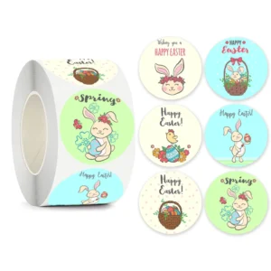 Happy Easter Self-Adhesive Stickers, 1-Inch Circle, Rabbit, Chick, Egg and Flower Designs