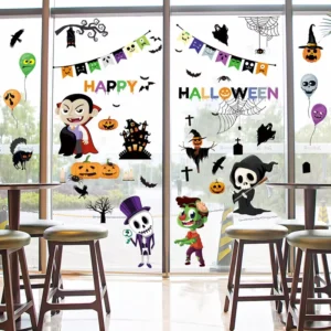 Happy Halloween PVC Static Window Stickers UV Resistant Waterproof Removable Featuring Cartoon Vampire Zombie Skeleton Decor