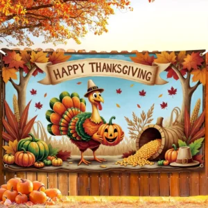 Happy Thanksgiving Banner 6×3.6ft Polyester Lightweight Digital Printing Autumn Flamingo Photo Background