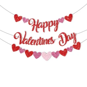 Happy Valentine’s Day Banner with Pink and Red Heart Garland