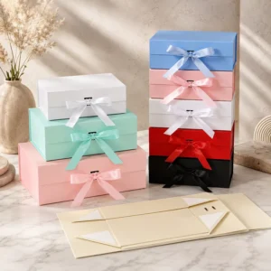 Hardwood Pulp Synthetic Paper Foldable Gift Box with Satin Ribbon Bow Recyclable Reusable Packaging