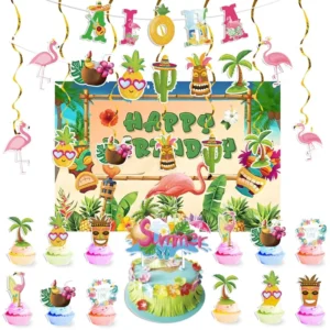 Hawaii-Themed Birthday Party Decoration Banner, Cake Insert, Hanging Outdoor Background Cloth