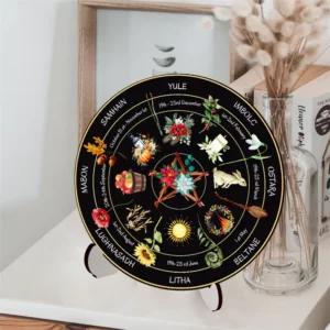 Healing Crystal Stone Wheel of the Year Wicca Calendar Tree Ring Witchcraft Calendar Wood Slice for Desktop Decoration