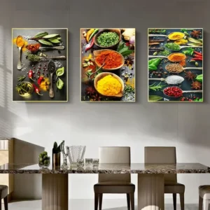Herb and Spices Kitchen Theme Canvas Wall Art Poster, Art Deco Style, Restaurant Dining Room Decor