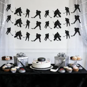 Hockey Birthday Decoration Banner Set 3 Pcs Ice Hockey Theme with Black Glitter Silhouettes