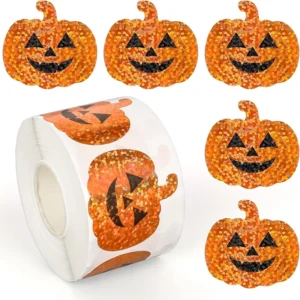 Holographic Glitter Pumpkin Cartoon Vinyl Sticker Roll Waterproof Adhesive Labels for Halloween Scrapbook Packaging Sealing
