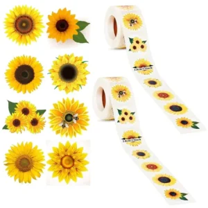 Holographic Sunflower Roll Stickers Yellow Adhesive Paper Customizable Thank You Labels for Envelopes and Gifts