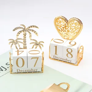 Home Office Metal Desk Display Calendar Wooden Block Month Date Heart Palm Tree Shaped Photo Frame