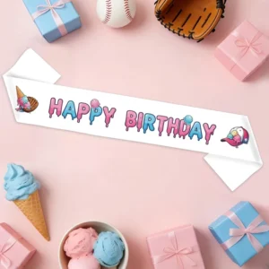 Ice Cream Drip Baseball Birthday Sash Satin Sewn Sports Theme Banner for Party Celebration