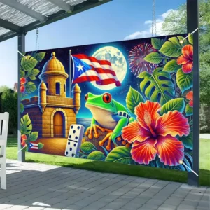 Indoor Outdoor Puerto Rico Flag Wall Backdrop Banner with Hibiscus and Frog for Fiesta Decor