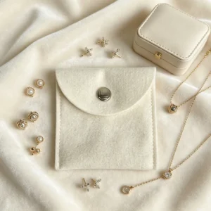 Ivory Velvet Snap Button Jewelry Pouch with Soft Flannel Lining for Earrings, Necklaces, and Rings