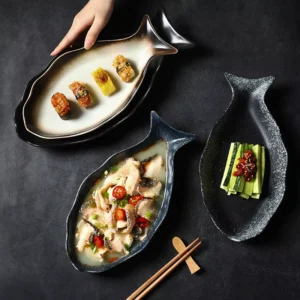 Japanese Style Retro Fish-Shaped Ceramic Steamed Fish Plate 12 Inch 14 Inch