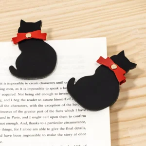 Kawaii Black Cat Silhouette PU Leather Bookmark with Red Bow Tie Clip