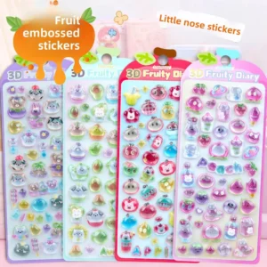 Kawaii Fruit Pet Crystal Sticker Sheets, Colorful Mini Animal Fruit Figure Dome Stickers Kids Scrapbook Junk Journal Supplies