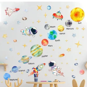 Kids Room Cartoon Solar System Rocket Space Sheet Wall Sticker for Home Decor