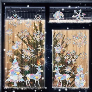 Kiss-Cut Christmas Rainbow Vinyl Prism Static Glass Stickers, Waterproof Prismatic Suncatcher Window Clings