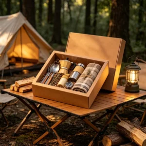 Kraft Camping Gift Box With Moka Pot Thermos Spoons Compass Plaid Blanket Lantern Tent Packaging Present Set