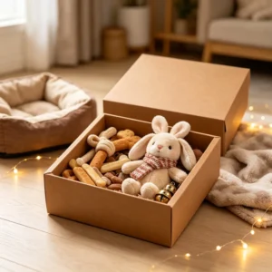Kraft Pet Gift Box Set with Bunny Scarf, Treats, Rope Chew, Biscuits, Bells, Pet Bed, and Fairy Lights