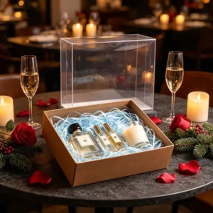Kraft Transparent Rectangular Perfume Gift Box Cologne Two Travel Sprays Candle Champagne Roses Packaging