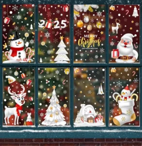 Large Christmas Static Window Clings, Reusable No-Glue PVC Glass Decals, Santa Claus Elk Snowflake