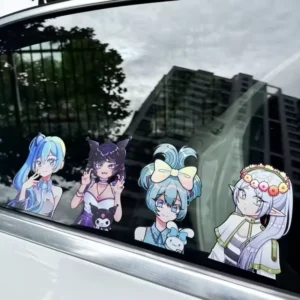 Large Vinyl Silk Screen Printed Water Resistant Die Cut Matte Varnishing Anime Cartoon Windshield Peeker Sticker for Car