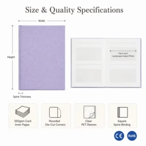 Lavender Linen Hardcover Photo Album, OEM/ODM Custom Layout, Size and Capacity, 5-Inch Horizontal Instant Photos