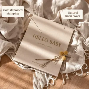 Linen Fabric Cover Baby Memorial Memory First-Year Photo Album, Register Journal Book with Gift Box