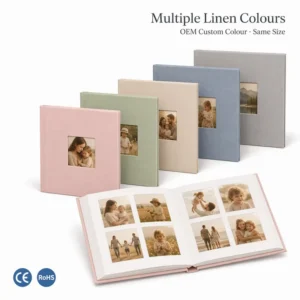 Linen Hardcover Photo Album, 60 Photos, Die-Cut Slots, PET Pockets, CE Certified, Baby Family Memory
