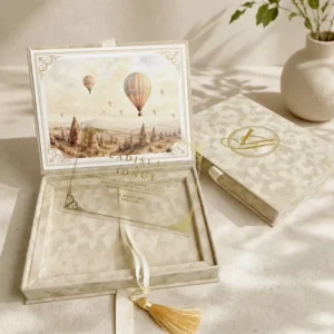 Luxury Cream Velvet Acrylic Gold Foil Wedding Invitation Box Set Hot Air Balloon Ribbon Tassel Custom Printing
