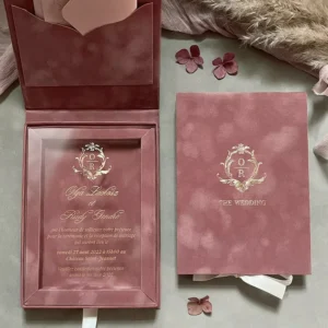 Luxury Dusty Rose Mauve Velvet Acrylic Gold Foil Wedding Invitation Box Set Monogram Folder French Custom Printing