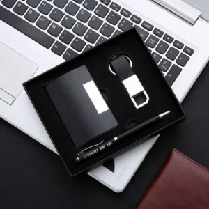 Luxury Leather Gift Set Customized Business Leather Key Chain Metal Pen Business Card Holder VIP Gift Set