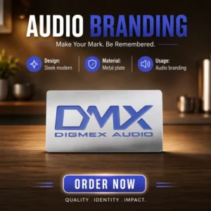 Matte Silver Anodized Aluminum Audio Nameplate with Blue Injection Logo