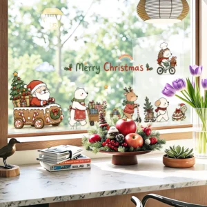 Merry Christmas Cartoon Santa Forest Animal Reusable Removable Window Stickers for Kids’ Rooms and Holiday Party Decor