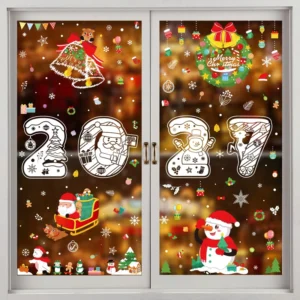 Merry Christmas Cartoon Stickers White Snowflake Static Cling Decals for Elk Snowman Window