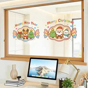 Merry Christmas Happy New Year PVC Window Stickers Cartoon Candy Style Santa Snowman Reindeer Reusable No Glue Waterproof
