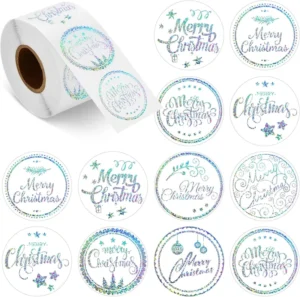 Merry Christmas Holographic Rainbow Waterproof Transparent Circular Self-Adhesive Sticker Roll