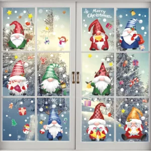Merry Christmas Window Stickers Cute Gnome Gonk Dwarf Static Cling Decals for Holiday Home Shop Glass Door Decorations