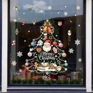 Merry Christmas Window Stickers Hollow-Out Xmas Tree Santa Gift Bell Snowflake Static Clings Reusable Glass Decals UV Resistant