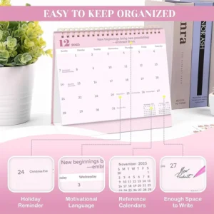 Minimalist Pink Standing Desk Calendar Spiral Monthly Planner US Holiday Mark