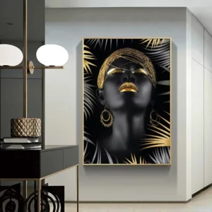 Modern Art Deco African Woman Makeup Portrait Canvas Wall Art Poster, Black and Gold Leaves