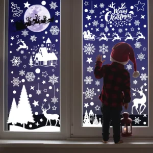 Modern Minimalist White Christmas Static Window Clings Waterproof Mold Resistant PVC Removable No Glue Glass Decal Set Cartoon